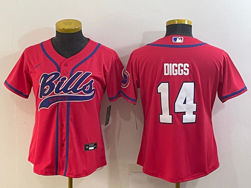 Women's Buffalo Bills #14 Stefon Diggs Red With Patch Cool Base Stitched Baseball Jersey(Run Small)